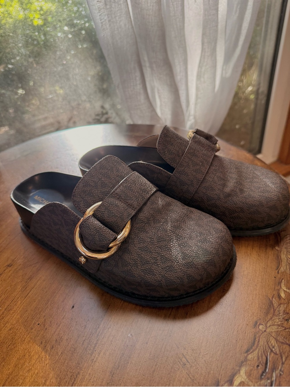 Michael Kors Brown Slip-On Clogs with Gold Buckle Accent